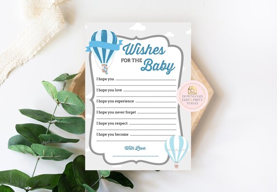 Wishes for Baby Cards Baby Shower Hot Air Balloon Printable INSTANT DOWNLOAD Boy Baby Shower Baby Shower Games Up Up and Away Il_570xn