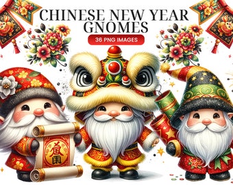 Watercolor Lunar New Year Gnomes & Chinese Dragon Clipart - Ideal for Apparel, Invitations, Stickers | Festive Chinese New Year Graphics