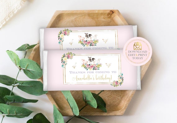Pink Farm Chocolate Wrappers, Farm Birthday Party Favors, Personalized Candy Wrappers, Barnyard Birthday, Floral Wrapper, Instant Download Il_570xn