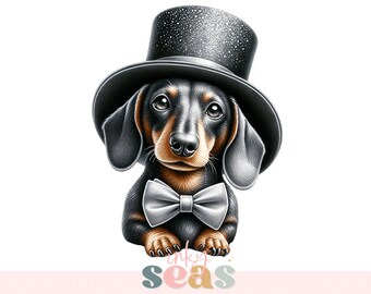 Dachshund Dog with Top Hat Digital Print, Cute Animal PNG, Pet Illustration, Instant Download Wall Art, Home Decor, Gift for Dog Lover