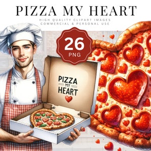 Clipart de coração de pizza, 26 ilustrações de pizza em formato de coração de alta qualidade, elementos decorativos de comida em aquarela para scrapbooking e design gráfico