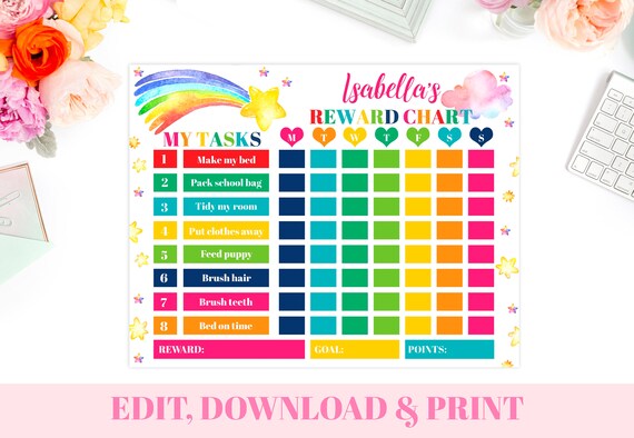 EDITABLE Rainbow Chore Chart, Girls Rainbow Responsibility Chart, Instant Download Kids Rainbow Reward Chart, Printable Behavior Chart Il_570xn