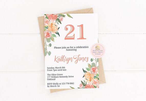 21st Birthday Invitation Template, Birthday Invitation, 30th Birthday, Printable Invitation, INSTANT DOWNLOAD, 40th Birthday, Peach Invite Il_570xn