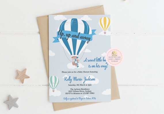 up up and away baby shower invitations