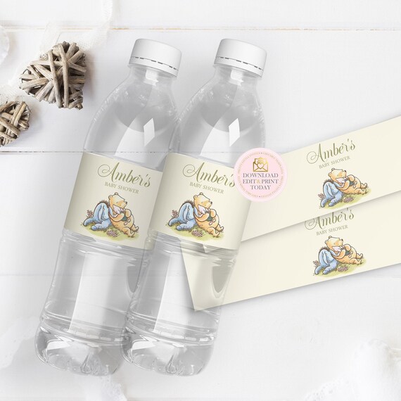 Classic Pooh Baby Shower Water Bottle Labels, Winnie The Pooh, Pooh Party Printable Birthday Label, INSTANT DOWNLOAD, Personalized Il_570xn