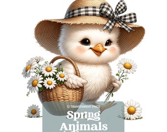 Spring Animal Clipart, Cute Easter Animals with Flowers, Digital Download, Transparent PNG, Kids Craft Graphics, 12  Printable Images