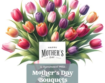 Mother's Day Floral Clipart, 12 Bouquet PNG Images, Assorted Floral Bouquets, Digital Flowers Download, Spring Decoration, Gift for Mom