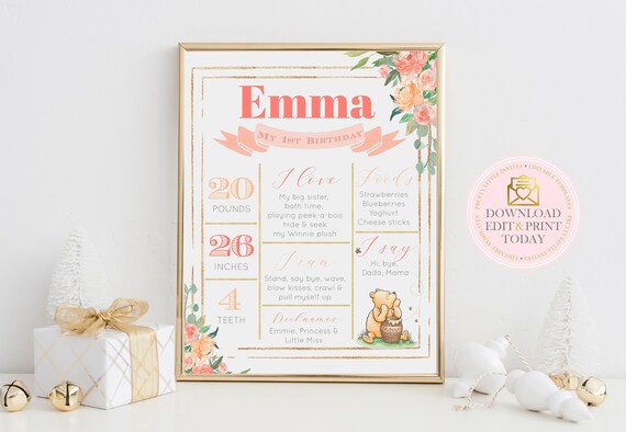Floral Winnie Pooh First Birthday Milestone Poster, Girls 1st Birthday Sign, Peach Pink Memory Board Editable Template, Instant Download Il_570xn