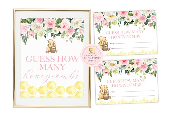 Pink Classic Winnie The Pooh Baby Shower Printable Honeycomb Guessing Game, Classic Pooh Bear Story Book Baby Shower Game, Guess How Many Il_570xn