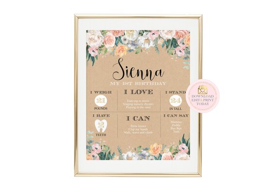 Birthday Poster, Milestone Poster, First Birthday Floral Milestone Poster, Peach Floral Birthday Poster, Printable Milestone Poster Editable Il_570xn