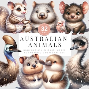 Paquete de imágenes prediseñadas de animales australianos, 32 imágenes de vida silvestre exótica PNG, ilustración de criatura australiana imprimible, descarga digital, uso comercial