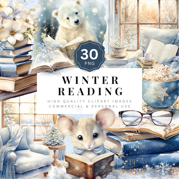 Winter Reading Clipart, Watercolor Cottagecore Clipart, Commercial Use Cozy Reading Nook Transparent PNG Images, Bookworm Illustrations