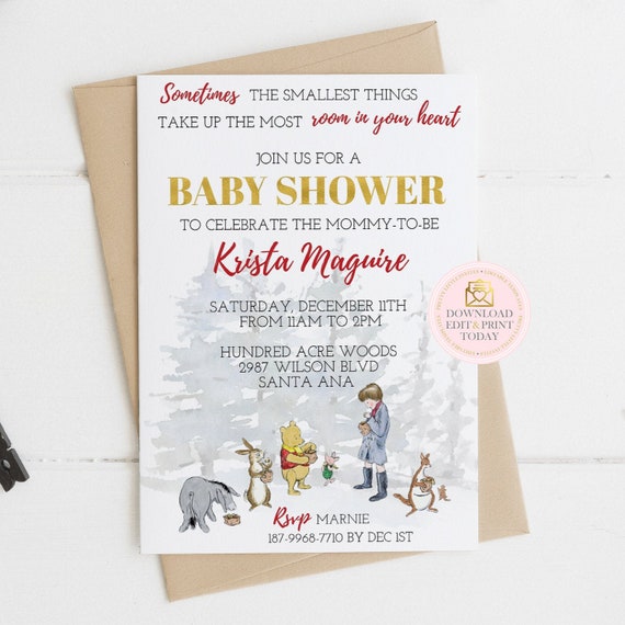 Winnie the Pooh Invitation, Classic Pooh Bear Birthday or Baby Shower Invite, Printable Party Invitation Editable Template, Winter Shower Il_570xn
