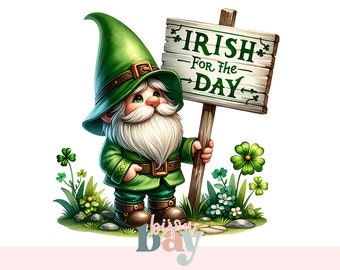 St. Patrick's Day Gnome Clipart, Irish For The Day Funny Digital Download, Festive Holiday Decor, Scrapbooking, Crafting Image PNG
