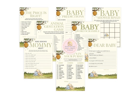 Winnie The Pooh Baby Shower Game Bundle, Pooh Baby Shower, Classic Pooh Baby Shower, Bingo, Word Scramble, Price Is Right, Dear Baby, Winnie Il_570xn