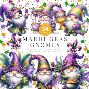Mardi Gras Gnome Clipart: New Orleans Carnival PNG Bundle (34 Files)