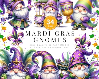 Mardi Gras Gnome Clipart Collection - Festive Carnival PNG Bundle, Fat Tuesday, New Orleans, Bourbon Street, Louisiana, Fleur De Lis