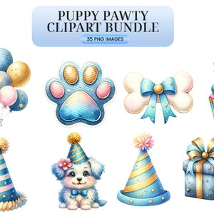 Puppy Pawty Clipart Watercolor Dog Party Images, Cute Canine Birthday Celebration, Digital Download, Pet Planner Stickers, Scrapbooking image 5