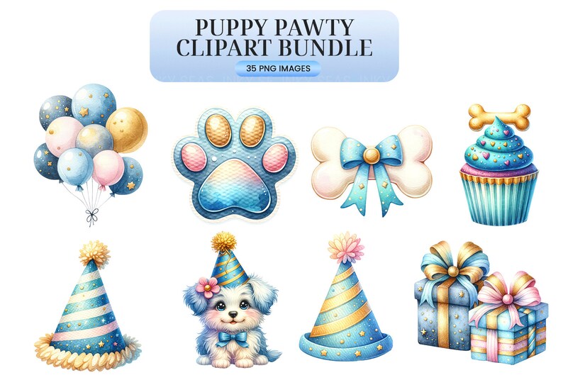 Puppy Pawty Clipart Watercolor Dog Party Images, Cute Canine Birthday Celebration, Digital Download, Pet Planner Stickers, Scrapbooking image 5