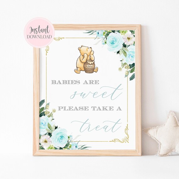 Winnie The Pooh Babies Are Sweet Please Take A Treat Printable Party Sign, Classic Pooh Bear Dessert Table Sign Blue Boy Pooh Favor Sign Il_570xn