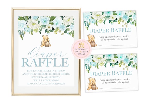Vintage Winnie The Pooh Boy Baby Shower Printable Diaper Raffle, Classic Pooh Bear Blue Floral Baby Raffle Tickets, Storybook Diaper Game Il_570xn