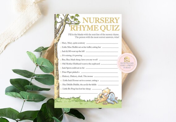 Winnie The Pooh Nursery Rhyme Game, Classic Pooh Bear Baby Shower Fun Activity, Gender Neutral Fill in the Blanks Quiz Party Games, White Il_570xn