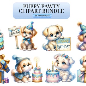 Puppy Pawty Clipart Watercolor Dog Party Images, Cute Canine Birthday Celebration, Digital Download, Pet Planner Stickers, Scrapbooking image 6