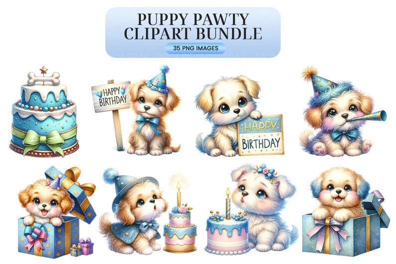 Puppy Pawty Clipart Watercolor Dog Party Images, Cute Canine Birthday Celebration, Digital Download, Pet Planner Stickers, Scrapbooking image 6