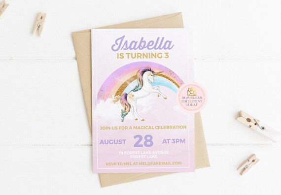 Unicorn Invitation Unicorn Birthday INSTANT DOWNLOAD Unicorn Party Unicorn Invite Editable Invitation Unicorn Birthday Invitation Pink. Il_570xn