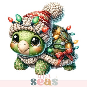 Tortuga Navidad PNG, Diseño de sublimación de tortuga navideña, Tortuga de dibujos animados con gorro de Papá Noel y luces navideñas, Animal navideño