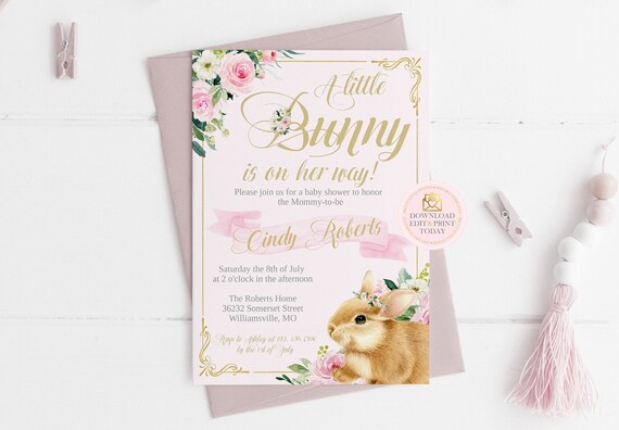 Girl Bunny Baby Shower Invitation, Easter Baby Shower Invitation, Printable Rabbit Baby Shower Invitation, Spring Baby Shower, Some Bunny Il_570xn