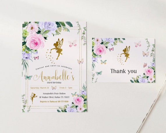 INSTANT DOWNLOAD Fairy Invitation, Editable Fairy Invitation, Fairy Thank You Card, Fairy Party, Fairy Birthday, Fairy Invite, Gold and Pink Il_570xn
