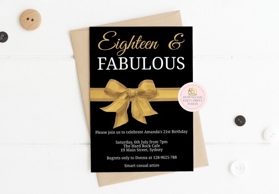 18th Birthday Invitation, 18th Birthday Party Invitation, Milestone Birthday, Printable Invitation, Teen Invitation, Black and Gold Glitter Il_570xn