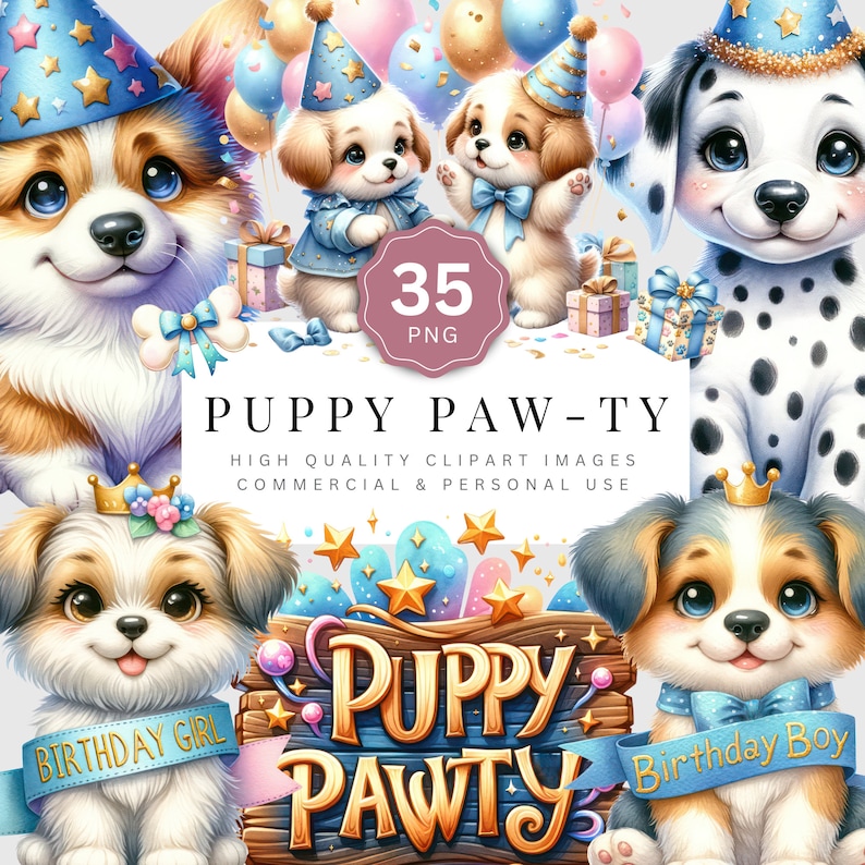 Puppy Pawty Clipart Watercolor Dog Party Images, Cute Canine Birthday Celebration, Digital Download, Pet Planner Stickers, Scrapbooking image 1