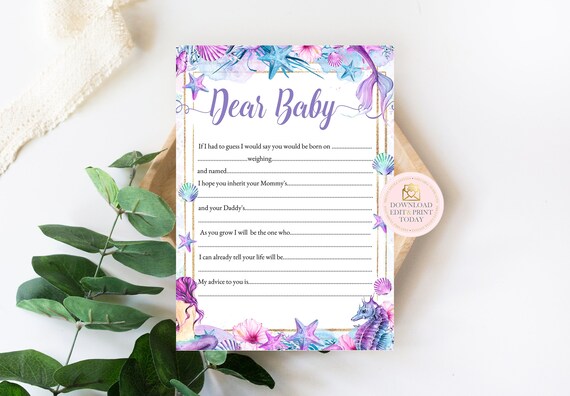 Under The Sea Mermaid Baby Shower Baby Wishes Card, Mermaid Printable Shower Game, Wishes For Baby, Well Wishes, Mermaid Dear Baby Cards Il_570xn
