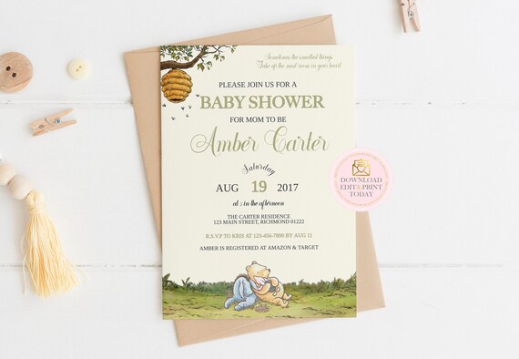 Classic Pooh Invitation, Winnie The Pooh Baby Shower Invitation, Pooh Invitation, Birthday Invitation, INSTANT DOWNLOAD, Vintage Pooh Bear Il_570xn