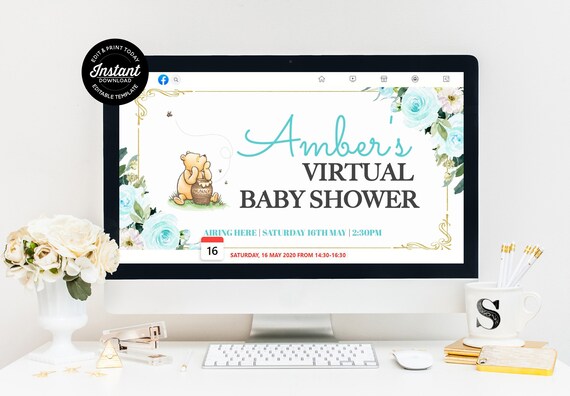 WINNIE the Pooh Virtual Boy Baby Shower Facebook Event Cover Editable Template Classic Pooh Bear Social Media Header Digital Download Banner Il_570xn