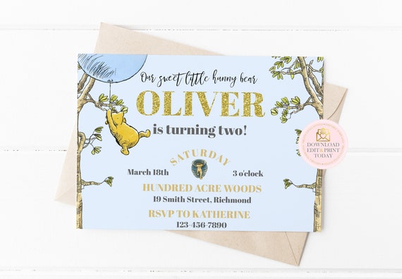 Boys Winnie the Pooh Birthday Invitation, Pooh Invitation, Pooh Birthday, Winnie Invitation, Classic Pooh, Printable Invitation, Pooh Party Il_570xn