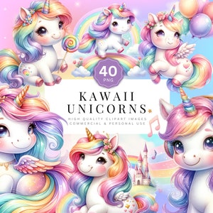 Kawaii Watercolor Unicorn Clipart, Cute Pastel Digital Images, Fantasy Creatures Art, Instant Download, Kids Party Supplies, 40 PNG Set