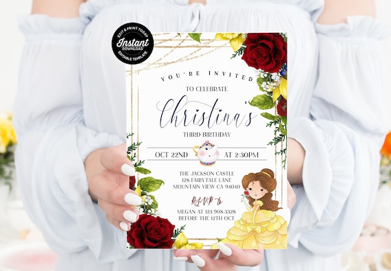 Beauty & The Beast Invitation, Belle Birthday Invite Editable Template, Princess Digital Invitation, Princess Belle Party Printables Il_570xn