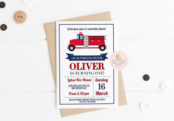 Vintage Firetruck Invitation, Fire Truck Invitation, Invitation, Firetruck, Fire Truck Birthday, Fireman Birthday, INSTANT DOWNLOAD,Editable Il_570xn