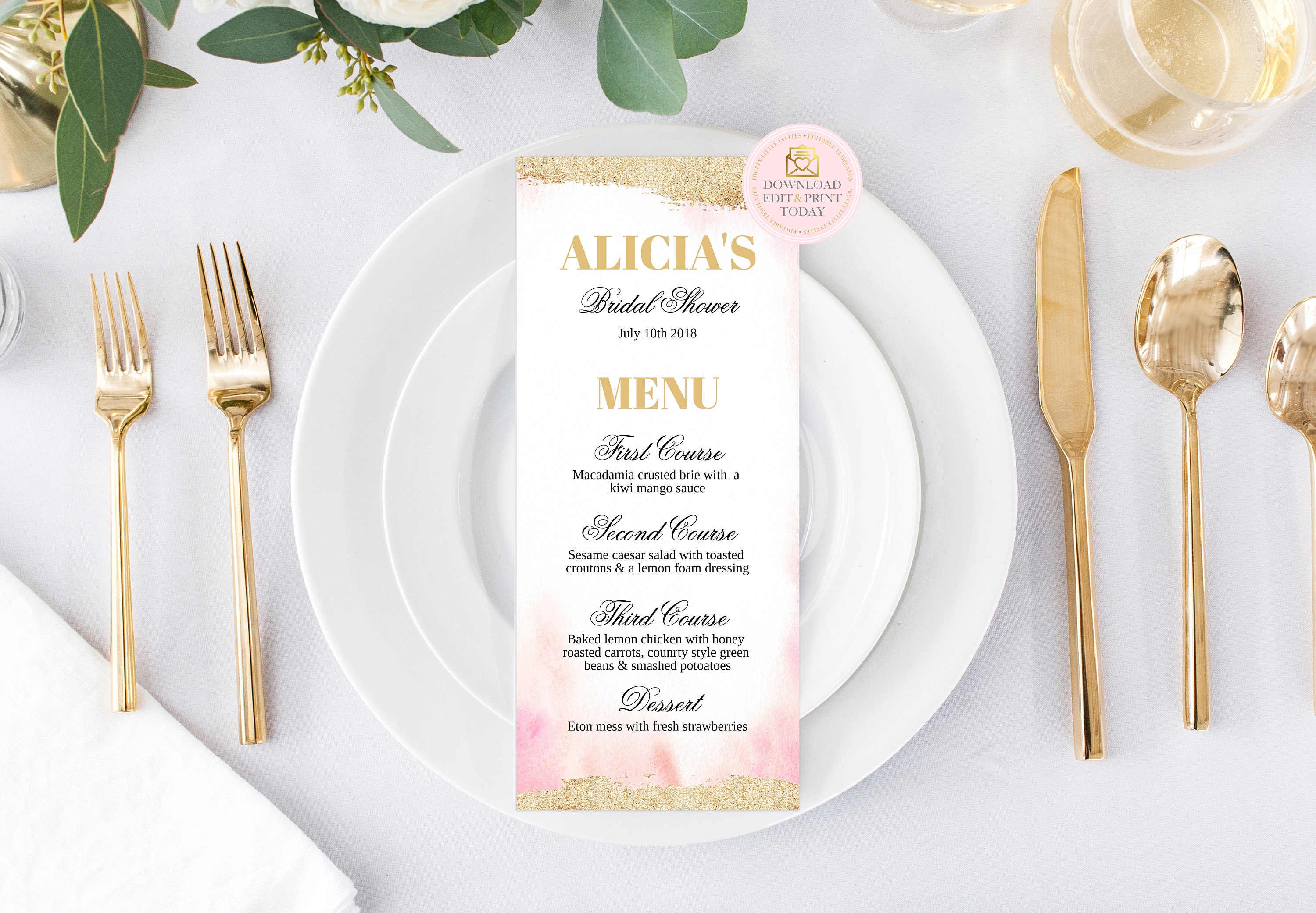 Blush Pink Wedding Editable Dinner Menu Engagement Menu or Etsy