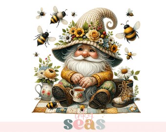 Whimsical Garden Gnome Digital Art, Bees and Flowers, Printable Gnome Wall Decor, Nursery Room Illustration, Spring Home Artwork