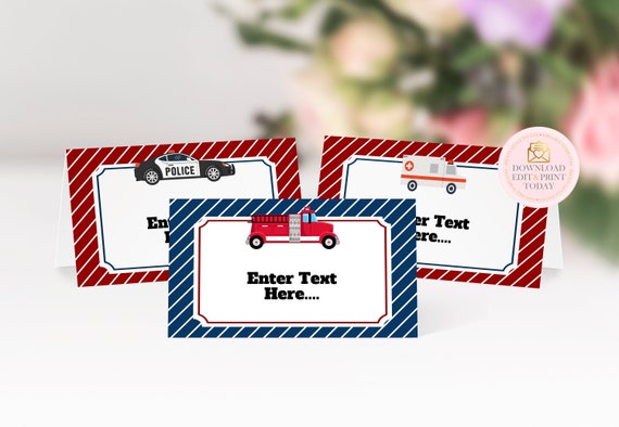Emergency Vehicle Birthday Party Tent Cards, Police Food Labels, Ambulance Place Cards, Buffet Labels, Firetruck Food Tents Instant Download Il_570xn