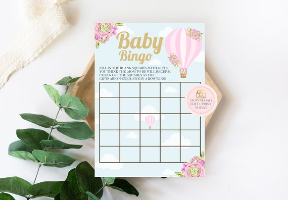 Pink Floral Hot Air Balloon Baby Shower Bingo, Printable Baby Shower Games, Up Up and Away Balloon Baby Shower, Instant Download Bingo Game Il_570xn