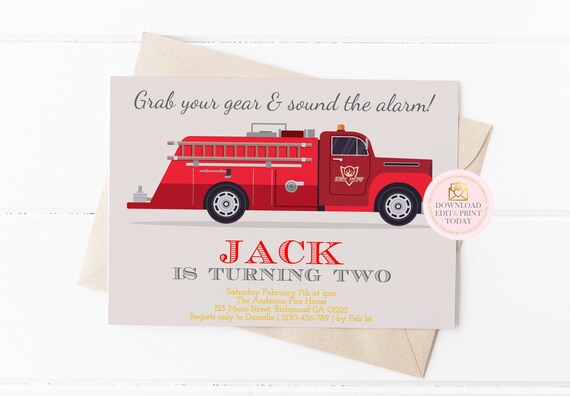 Firetruck Invitation, Firetruck Birthday, Fireman Invitation, Firetruck Party Invitation, Fire Truck, Engine, Birthday Invitation, Fireman Il_570xn
