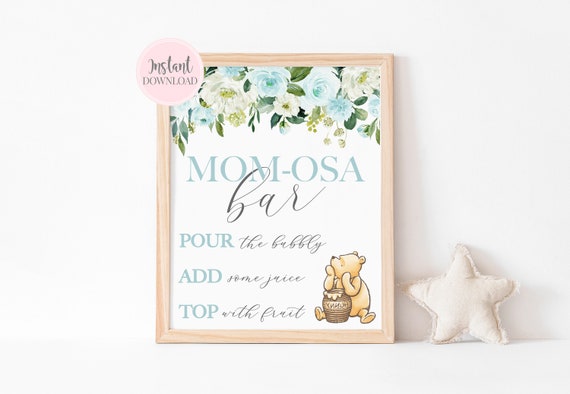 Winnie The Pooh Mom-osa Bar Sign, Classic Pooh Bear Printable Baby Shower Decor, Boy Baby Shower Mimosa Bar Sign, Instant Download Il_570xn