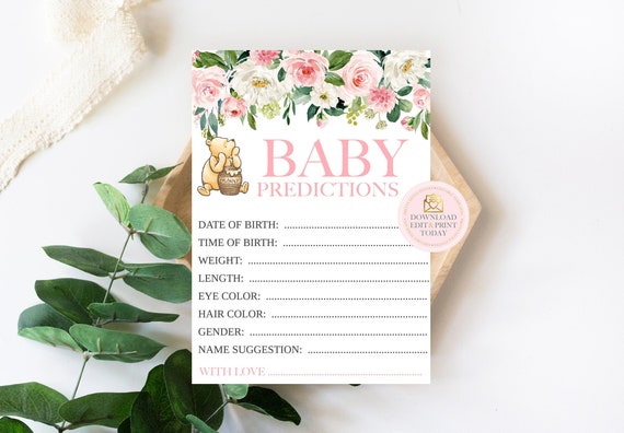 Pink Winnie Pooh Baby Shower Baby Prediction Card, Classic Pooh Baby Shower, Printable Baby Shower Activity, Pooh Baby Shower, Baby Shower Il_570xn