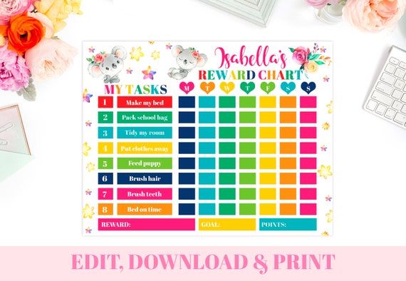 EDITABLE Koala Bear Chore Chart, Girls Cute Animal Responsibility Chart, Instant Download Kids Koala Reward Chart, Printable Behavior Chart Il_570xn