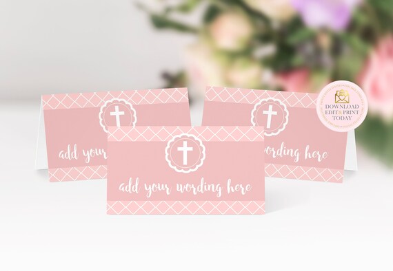Tent Cards, Place Cards, Name Cards, Christening, Baptism, Holy Communion, Instant Download, Editable File, Dusk Pink, Printable Tent Cards Il_570xn